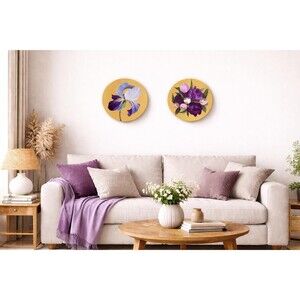 Original Set of 2 Peony & Iris Acrylic Paintings Round Floral Wall Art